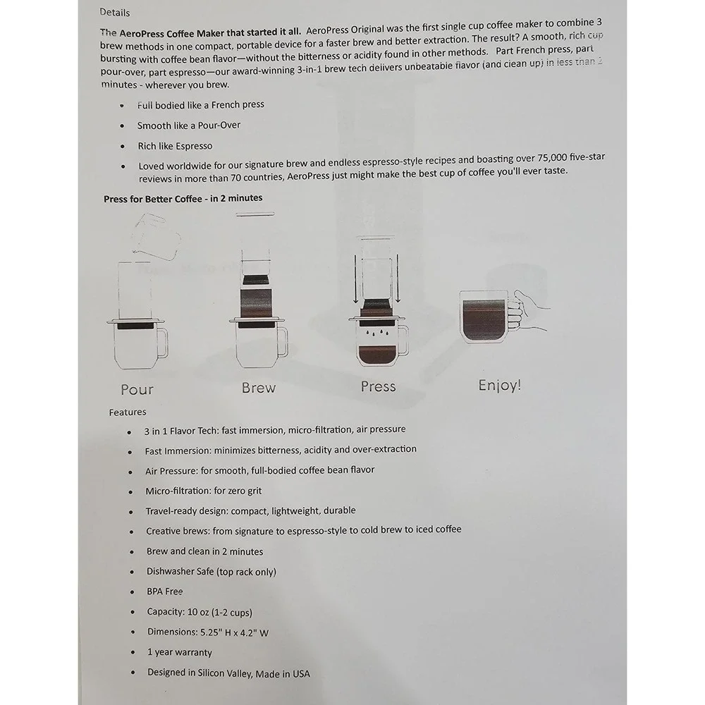 AeroPress Coffee Press, French Press, Pour-Over/Espresso + 350Ex Filters-No Box